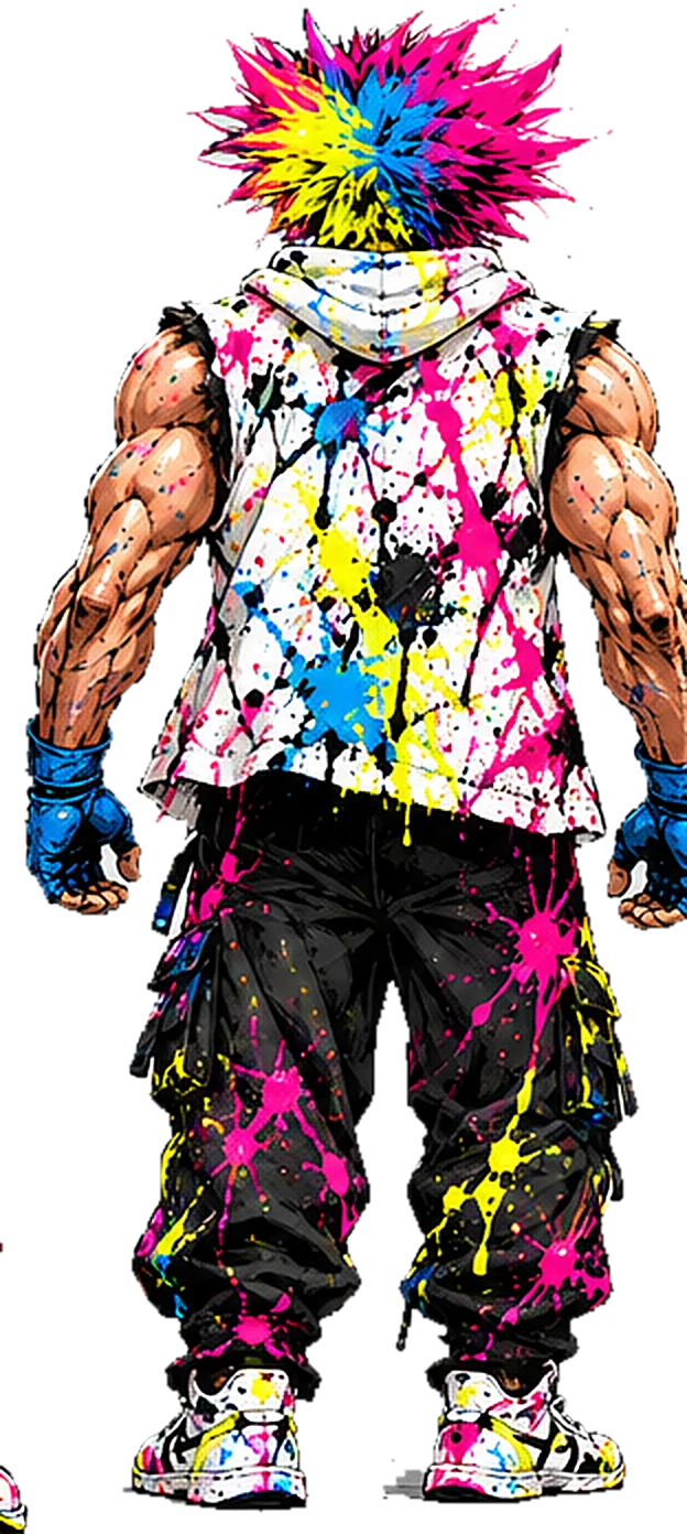 Mad Mayhem from behind, paint-splattered vest