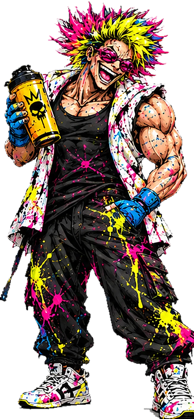 Mad Mayhem from the front, holding his shaker